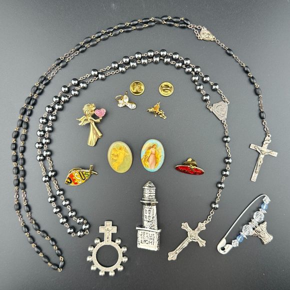 Lot Mix Christian Religious Catholic Faith Rosary Pins Jewelry Vintage to Now - Picture 1 of 12